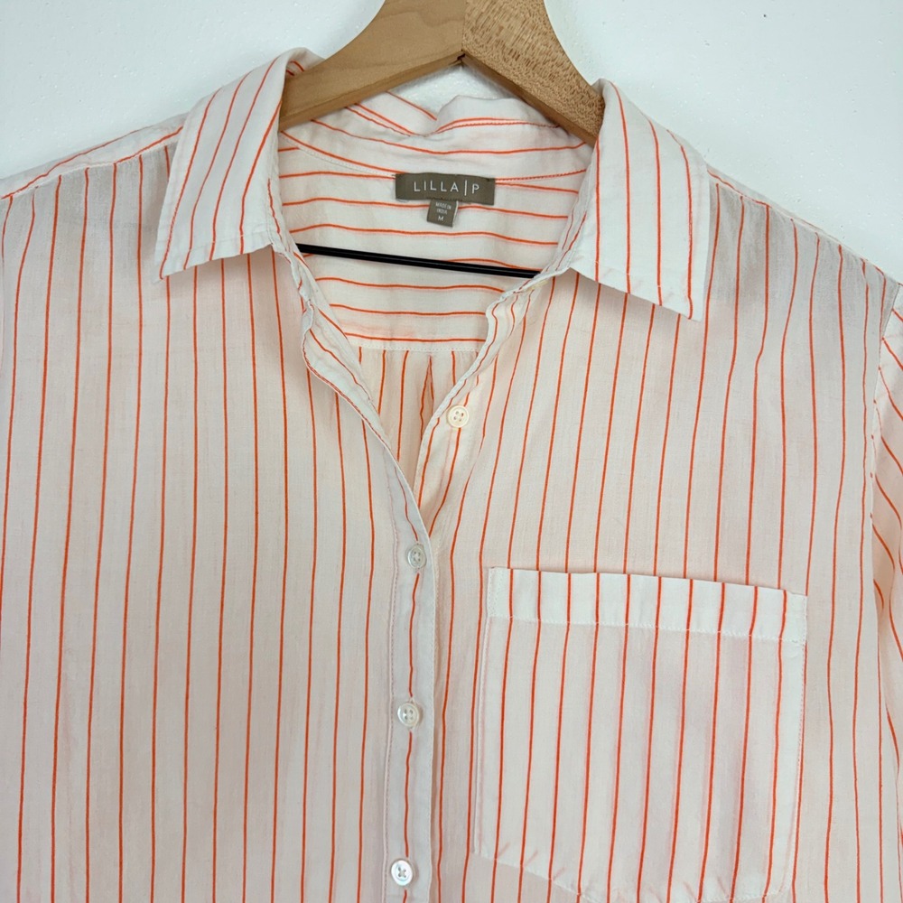 LILLA P Boyfriend Button Down Shirt Top Women M Tangerine Stripe Cotton Minimal - Picture 4 of 16